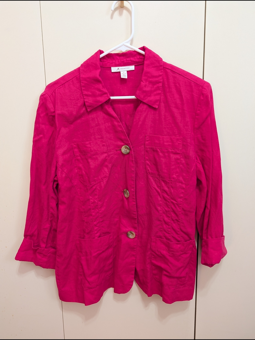 JM Collection Bright Pink Linen Button-Front Summer Shirt Jacket